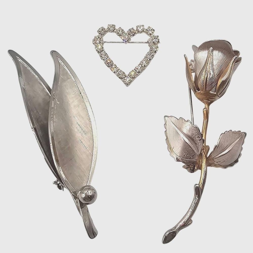 Vintage Nature Brooch Lot‎ Silver Tone Rhinestone Two Tone Rose Leaf Heart 3pc